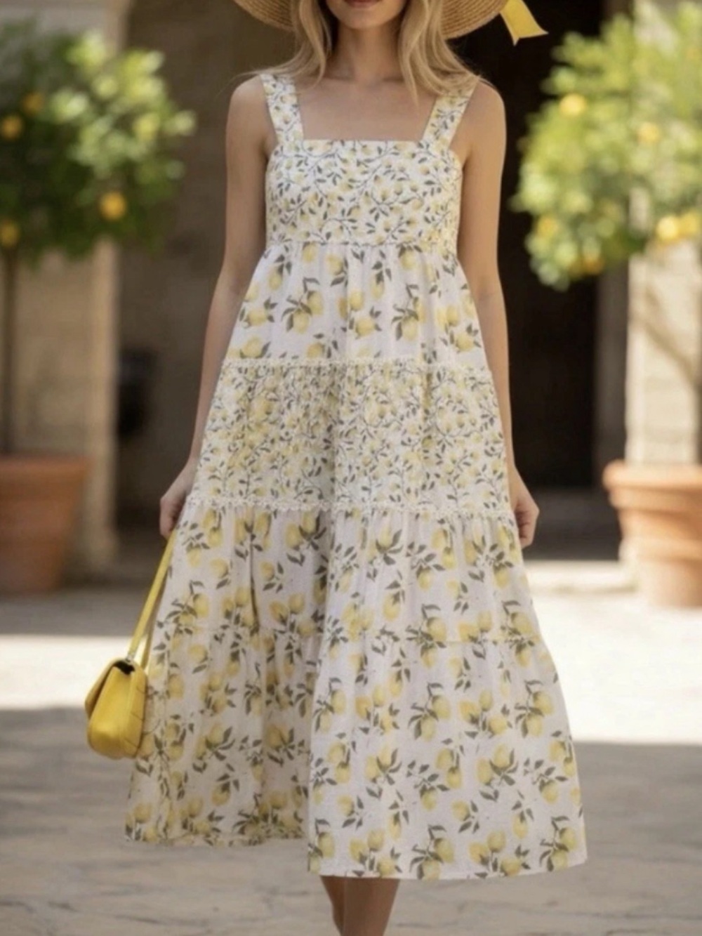 Haute Hippie White and Yellow Lemon-Print Midi Tiered Dress Size 10